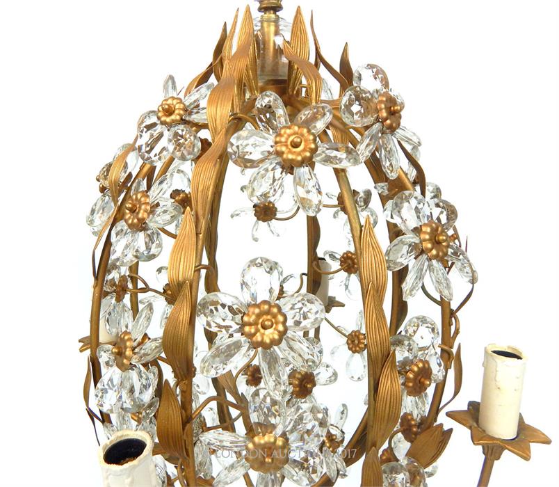 A gilded cage form chandelier, having four branches with four candles, decorated with lustres - Image 4 of 4