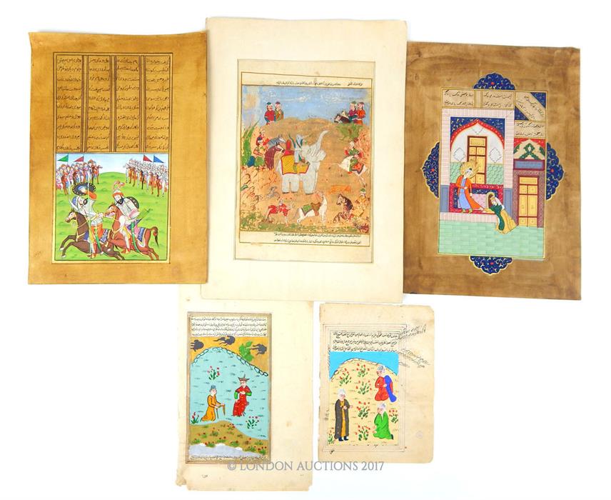 A collection of five 19th and 20th century Persian hand painted gouache and hand written manuscripts