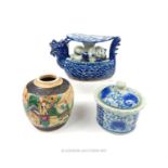 Three Chinese ceramic items including an unusual blue and white sculpture