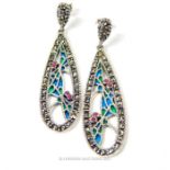 A pair of silver marcasite and plique a jour Art Deco style earrings.