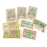 A collection of early 20th century German and Russian banknotes