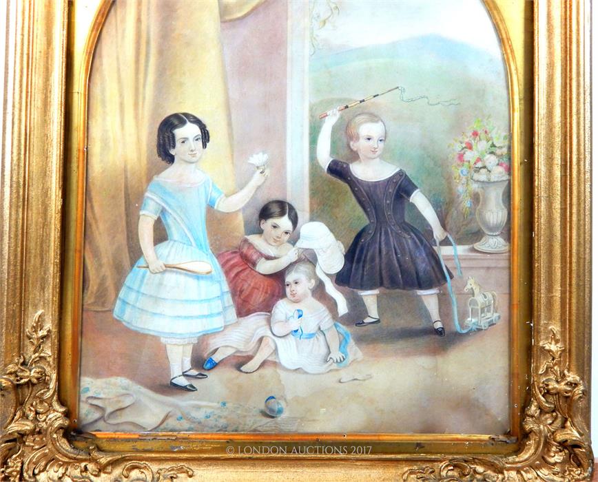 A Regency watercolour portrait of four children, in an ornate gilt frame - Image 2 of 2