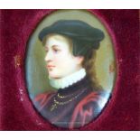 A 19th century oval miniature portrait on porcelain, young lady in Elizabethan dress