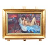 An oil on board reclining female nude, 'May Roses; Summer Interior'