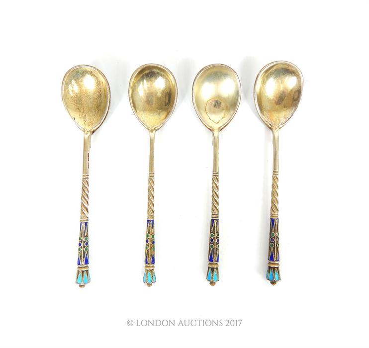 A set of four early 20th century pre-revolution Russian silver gilt and cloisonne enamel teaspoons - Image 2 of 2