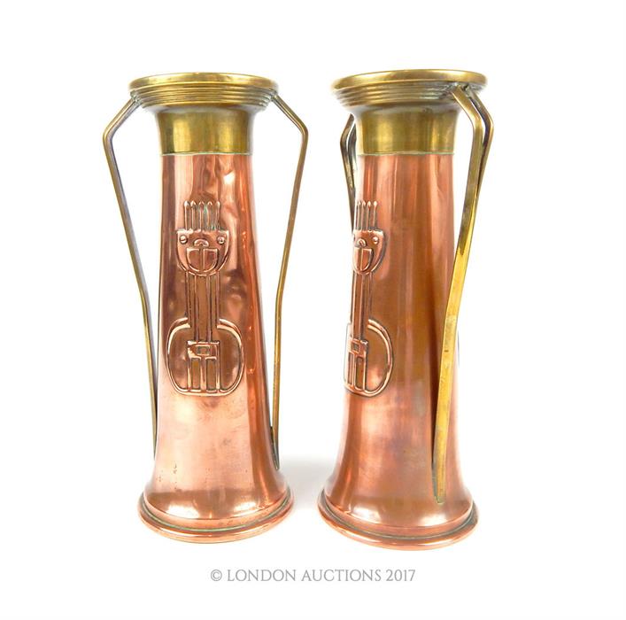 A pair of German c1900 Jugendstil copper and brass twin handled vases by Gebruder Bing - Image 3 of 3