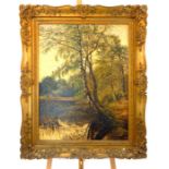 A large turn of the last century British school oil on canvas, a silver birch by a woodland pool