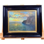 G. Sinibaldi, An exquisite oil painting of a setting sun over the ocean and cliffs of Capri