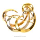A vintage, 18 ct yellow, rose and white gold, abstract, swirl-design brooch