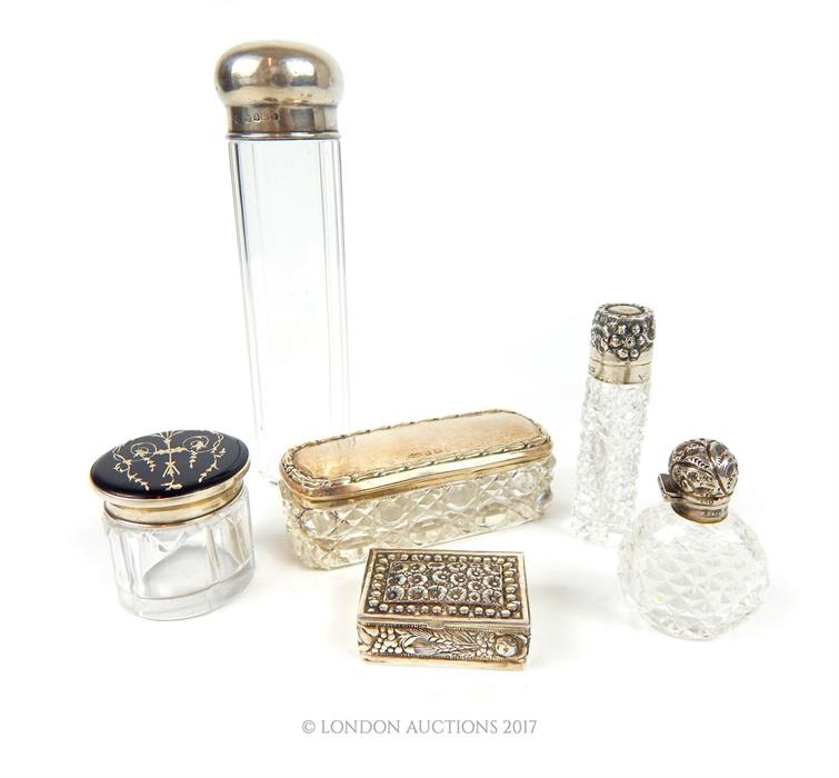 A collection of six silver items to include a glass jar with silver pique work and tortoiseshell lid