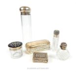 A collection of six silver items to include a glass jar with silver pique work and tortoiseshell lid