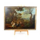 An 18th century Dutch/Italian school, landscape with a group of labourers, a musician and an