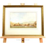 An early 20th century British landscape scene with river flowing in front of hills, watercolour,