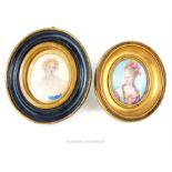 An 18th/19th century oval miniature portrait of a lady on tin and another