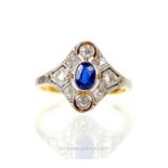 A high carat yellow gold and platinum Belle Epoque diamond and sapphire ring