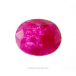 A 10.2 carat natural, oval shaped, faceted pink ruby with eye-visible inclusions (loose stone)