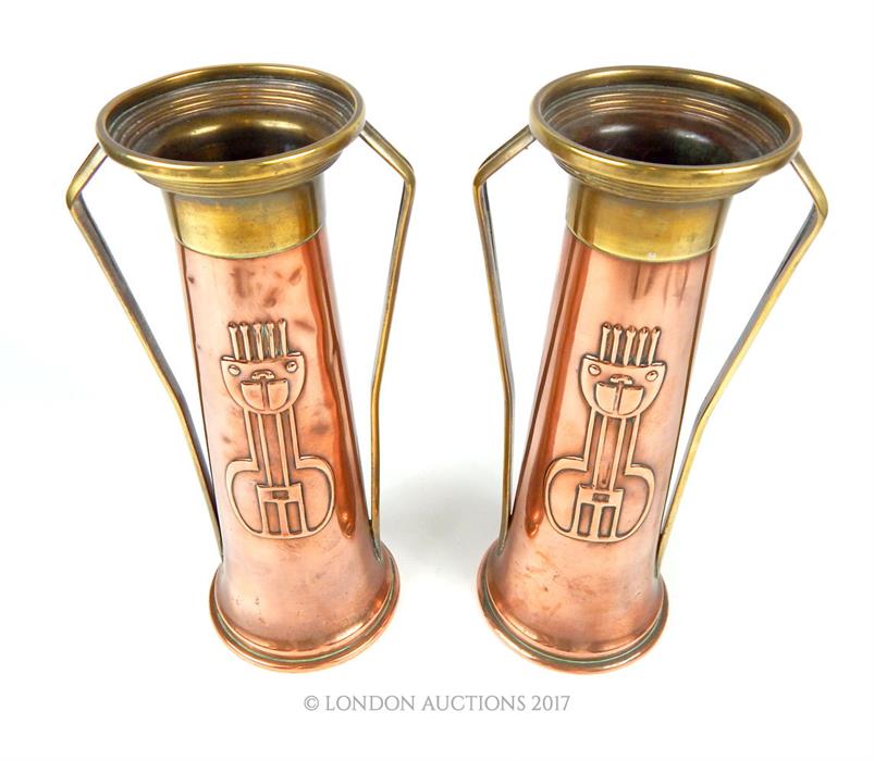 A pair of German c1900 Jugendstil copper and brass twin handled vases by Gebruder Bing - Image 2 of 3