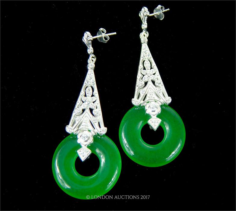 A pair of large silver and jade style drop earrings; stamped 925; 6 cm long. - Image 2 of 2