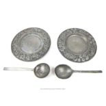 Two Arts and Crafts handmade pewter dishes with handmade pewter spoons