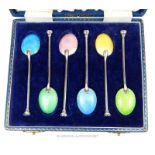 A cased set of six, sterling silver and brightly coloured, guilloche, enamel tea spoons