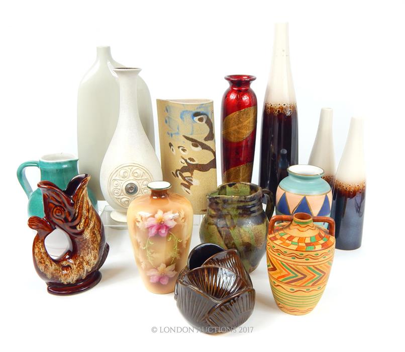 A collection of various ceramic vases and jugs, including a hand painted Jeff Banks 'Ports of Call'
