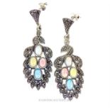 A pair of opal style earrings; stamped 925.