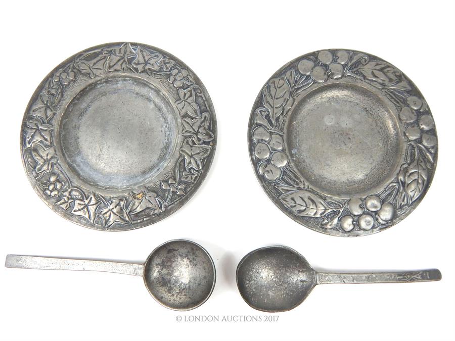 Two Arts and Crafts handmade pewter dishes with handmade pewter spoons - Image 2 of 2