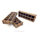 Three rustic stained pine bottle crates with twin iron carrying handles