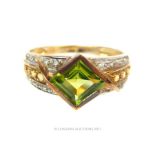 9 ct yellow gold peridot, citrine and diamond cocktail ring