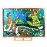 A large batik painting depicting two figures
