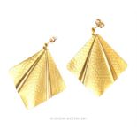 A pair of attractive, 9 ct yellow gold, large, fan-shaped, textured, earrings