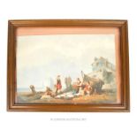 A 19th century, harbour scene with women and children at work; watercolour; indistinctly signed;