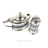 A hallmarked silver mustard, William Hutton & Sons, with an Edwardian hallmarked silver pepperette