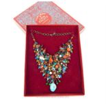 A boxed, striking, chunky, multi-coloured glass and semi-precious beaded necklace