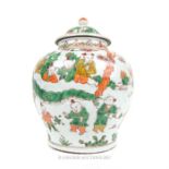 A large, Chinese, (Ming-style) lidded storage jar in the Famille Vert palette