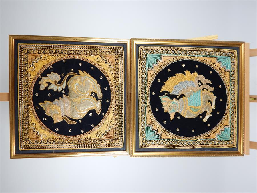 A pair of Burmese hand made tapestries depicting exotic or mythical creatures