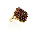 A stunning, vintage, large, 9 ct yellow gold and garnet, cluster cocktail ring