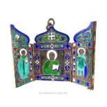 A Mid 19th century Russian silver and enamel travelling folding triptych icon