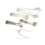 A pair of sterling silver wishbone sugar nips, with one silver and three plated examples