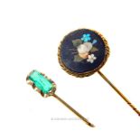 Two, antique, fine-quality, stick pins, one set with a rectangular emerald, other with pietra dura