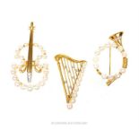 Three, vintage, weighty, 18 ct yellow gold, cultured pearl and diamond musical instrument brooches