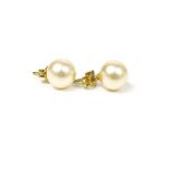 A boxed pair of vintage, 9 ct yellow gold, large, cultured pearl, stud earrings
