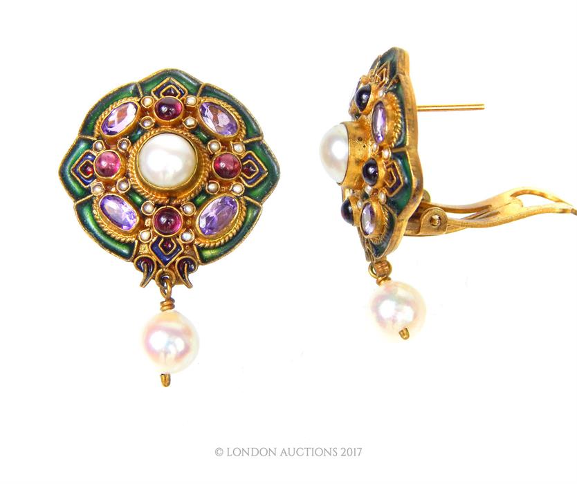 A pair of hand-enamelled and gem-set 'Percossi Papi' Italian clip earrings - Image 3 of 3