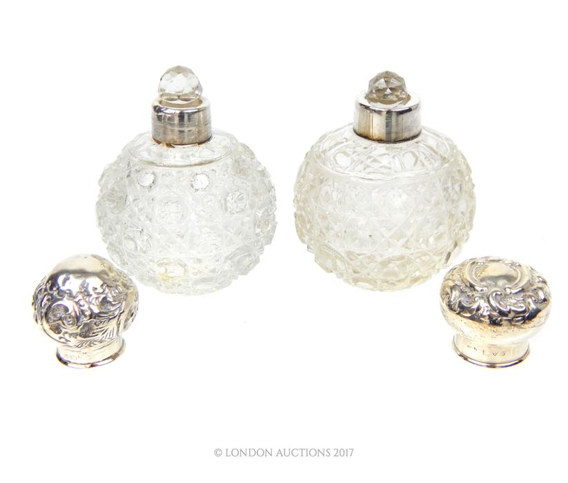 Two Edwardian cut glass perfume bottles with sterling silver lids and collars - Image 2 of 3