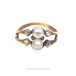 An antique, yellow metal, double-tiered, natural pearl and rose-cut diamond ring