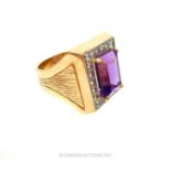 A substantial, 14 ct yellow gold, gentleman's diamond and amethyst dress ring