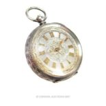 A 19th century, engraved silver pocket watch with silver dial and rose gold roman numerals