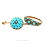 A Victorian, yellow metal, Etruscan revival, turquoise studded brooch pin and ring