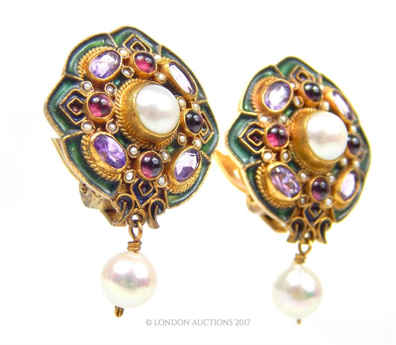 A pair of hand-enamelled and gem-set 'Percossi Papi' Italian clip earrings