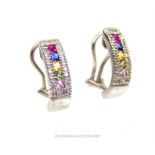 An exquisite, pair of 18 ct white gold, sapphire (multi-coloured) and diamond clip earrings